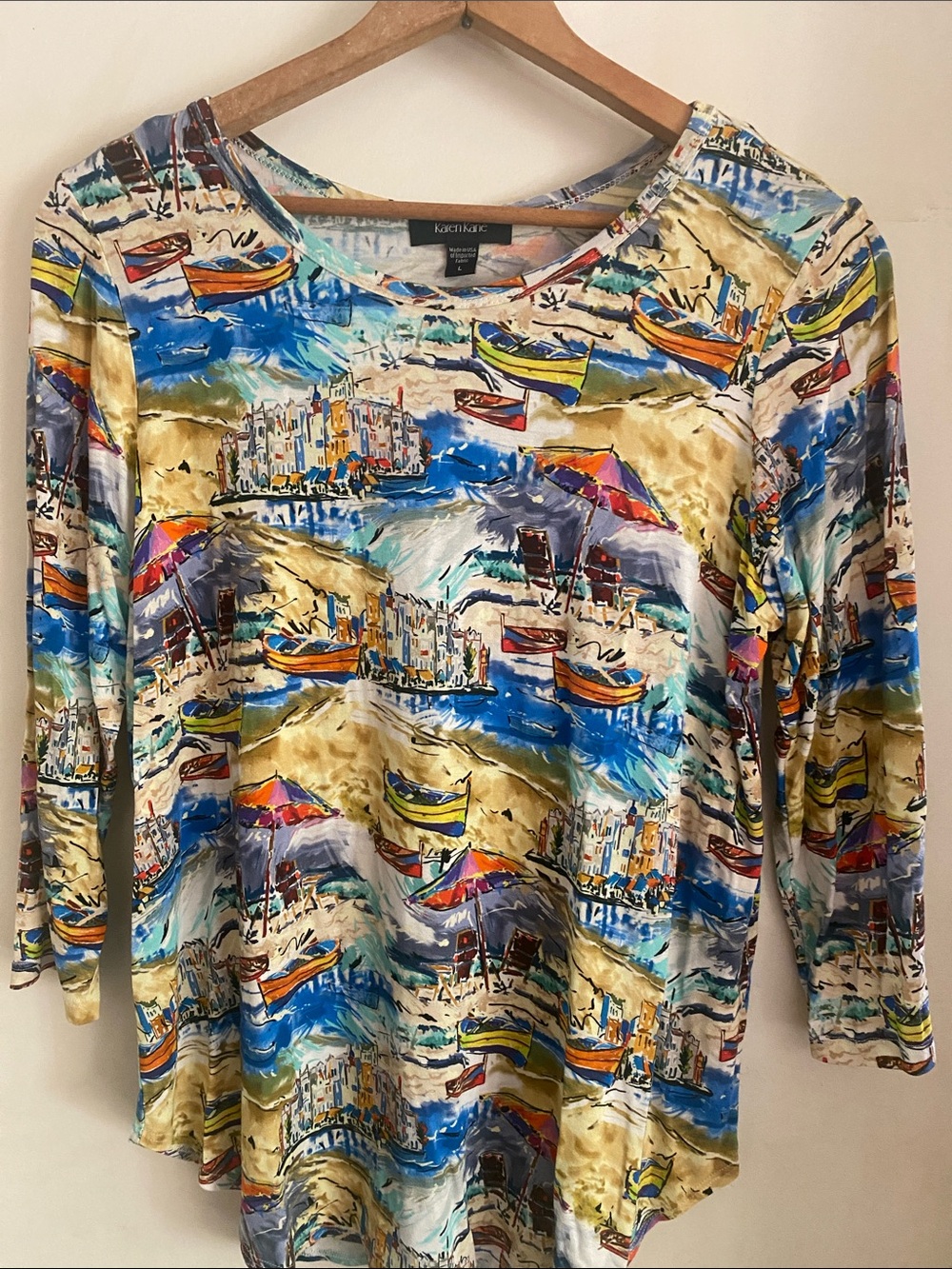Karen Kane Blue, Yellow and Multicolor Coastal Print Long Sleeve Tee